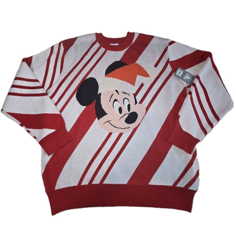 DISNEY Christmas Sweater Mens Medium Red Stripe Holiday Minnie Candy Cane NEW
